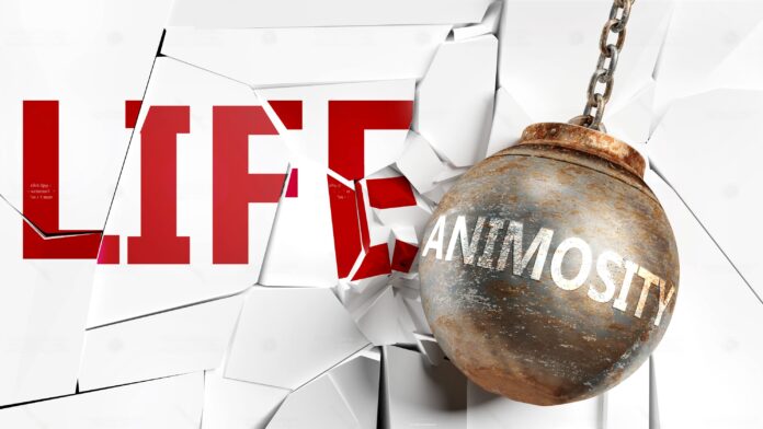 Image depicting the words 'life' and 'animosity' in contrasting fonts, representing a thematic dichotomy between vitality and hostility